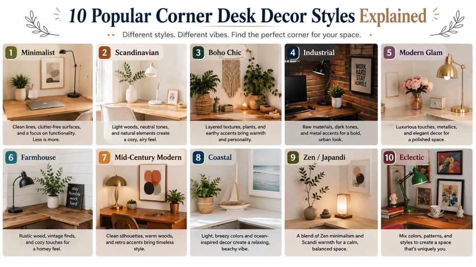 Infographic titled ‘10 Popular Corner Desk Decor Styles Explained’ showcasing ten different home office and workspace aesthetics, including Minimalist, Scandinavian, Boho Chic, Industrial, Modern Glam, Farmhouse, Mid-Century Modern, Coastal, Zen/Japandi, and Eclectic. Each section features a styled corner desk setup with a short description highlighting the key design elements and mood of each decor style.