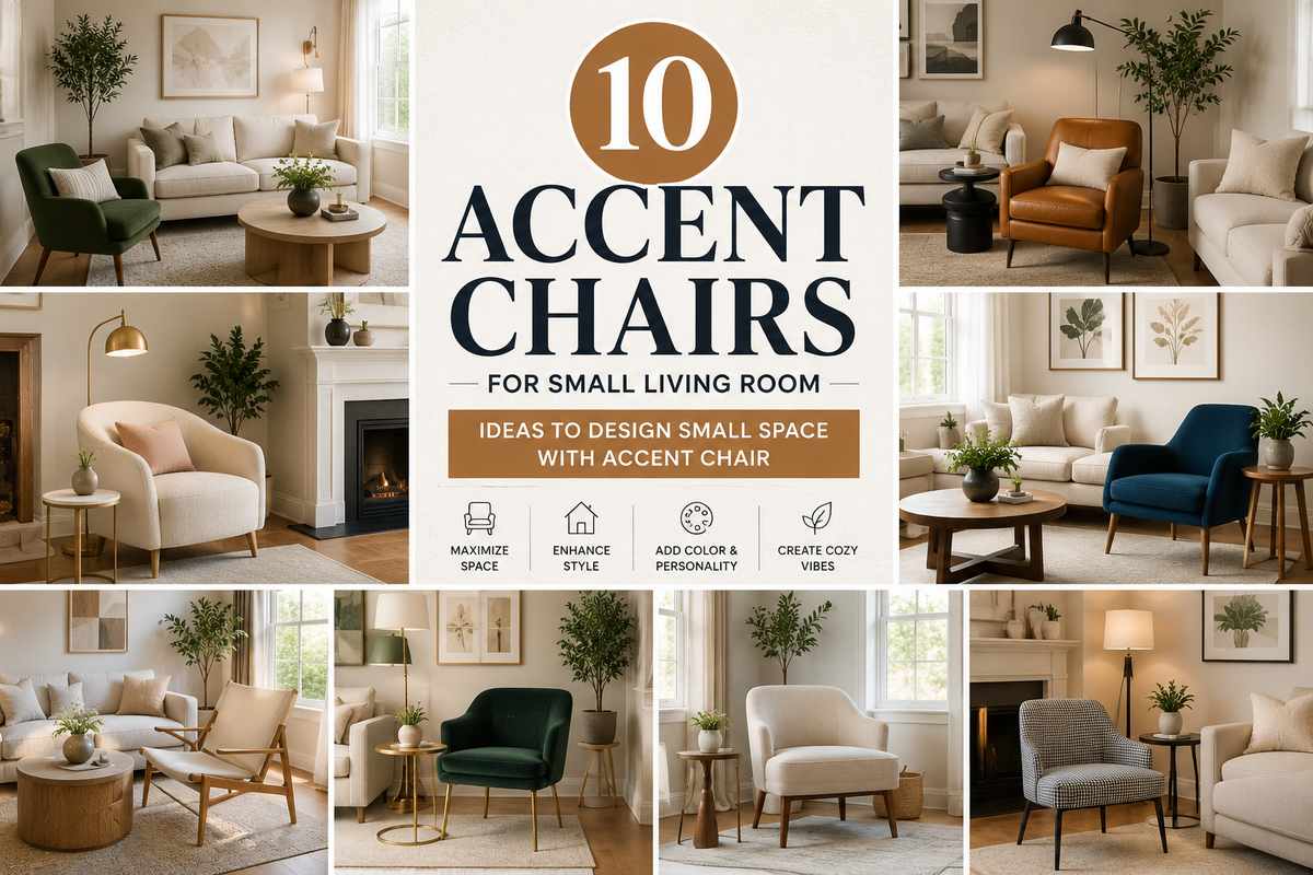 Collage featuring modern accent chair ideas for small living rooms, including cozy neutral, leather, velvet, and minimalist chairs styled in bright contemporary spaces.