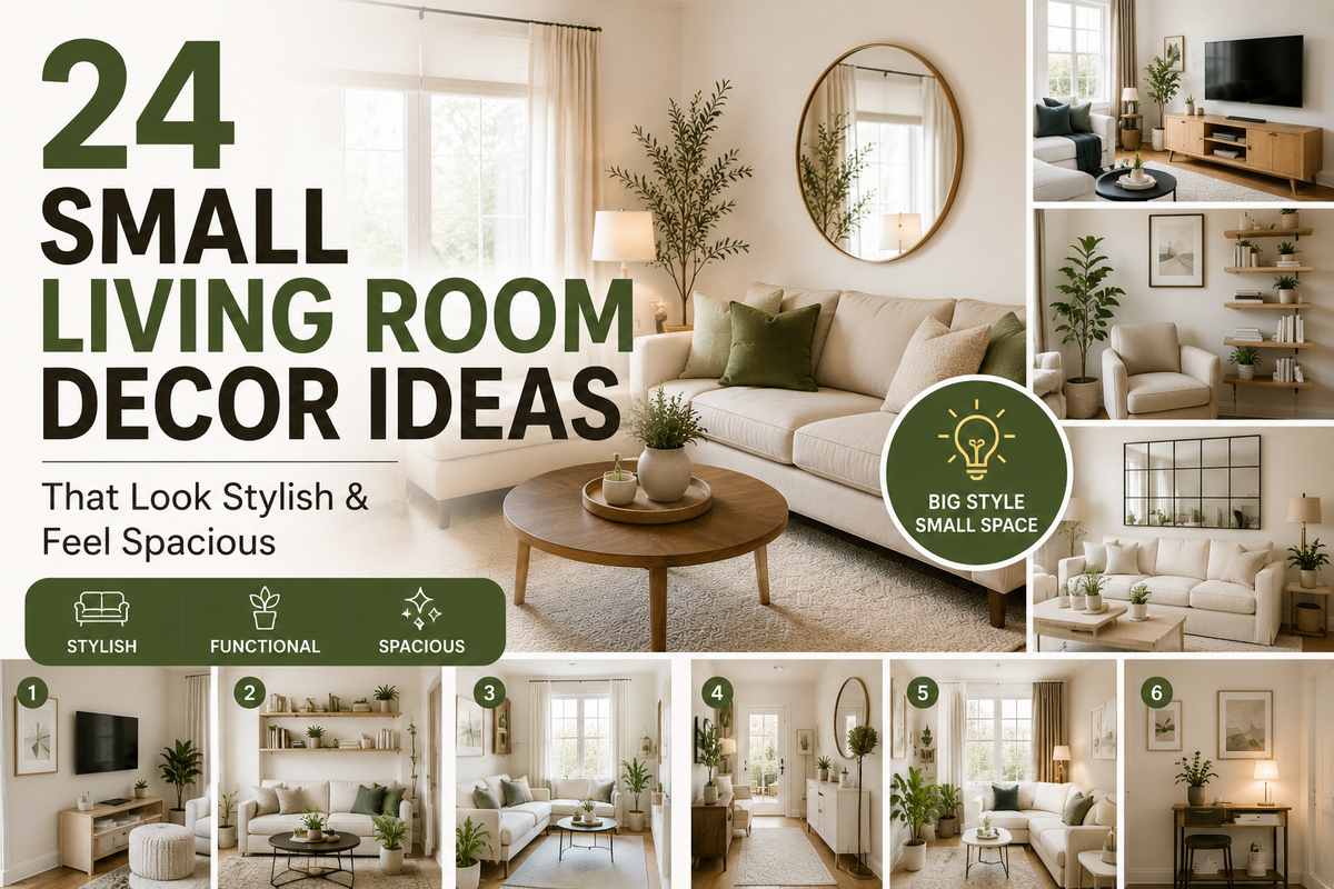 Collage of stylish small living room decor ideas featuring neutral sofas, cozy layouts, wall mirrors, floating shelves, TV units, indoor plants, and space-saving modern furniture designs.