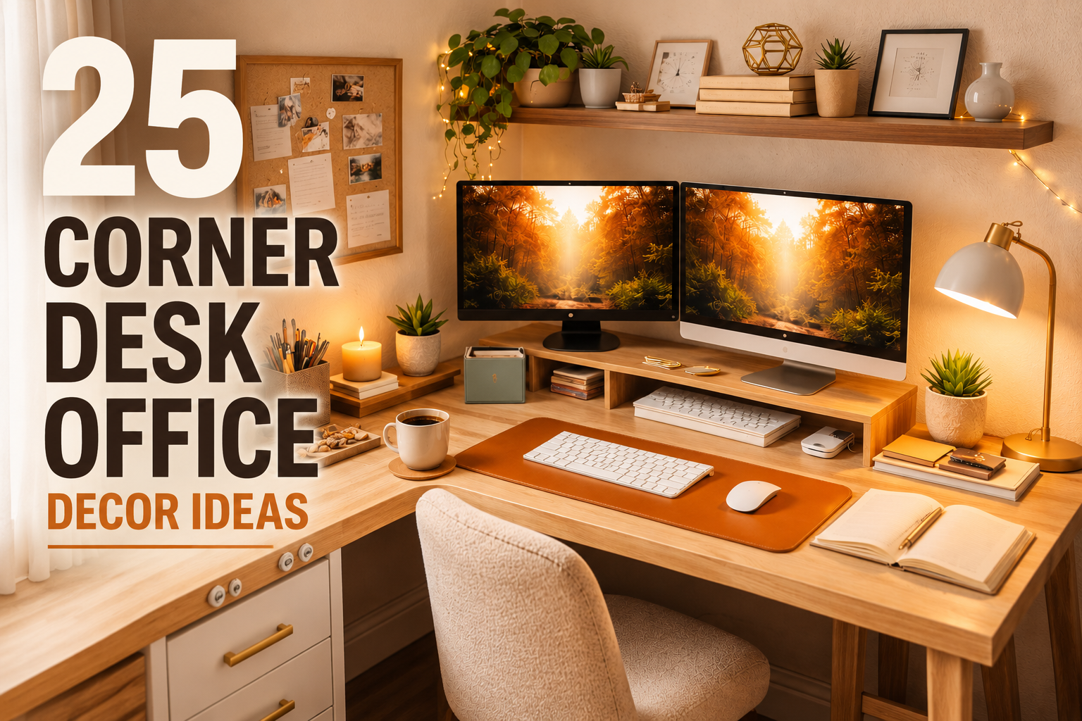 Warm and modern corner desk office setup with dual monitors, wooden desk accents, cozy lighting, indoor plants, and bold text reading ‘25 Corner Desk Office Decor Ideas’ in a stylish home workspace.