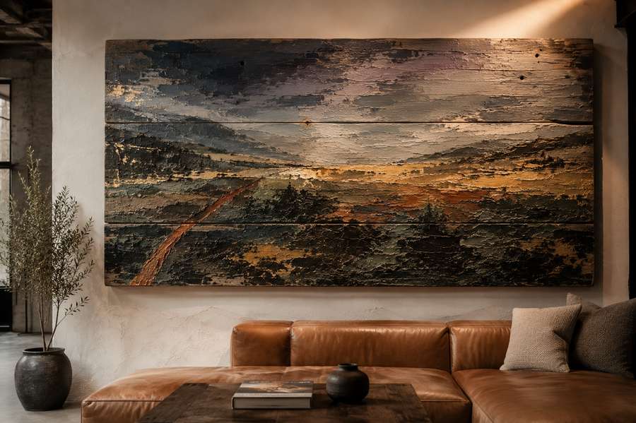 Large abstract landscape painting created on reclaimed wooden planks, featuring textured impasto brushwork in blue, gold, green, and charcoal tones, displayed above a tan leather sofa in a modern loft-style living room.