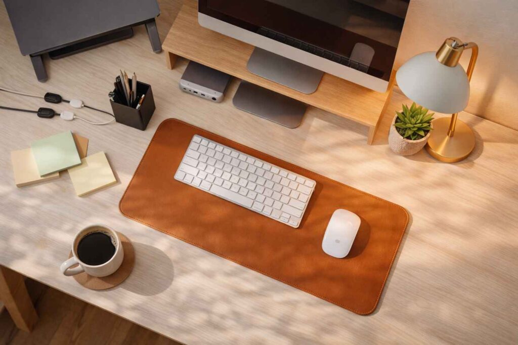 Top-down view of a clean and minimal workspace featuring a wooden desk with a leather desk mat, wireless keyboard and mouse, desktop monitor, coffee mug, sticky notes, and a modern white-and-gold desk lamp beside a small succulent plant. Warm natural lighting creates soft shadows across the tidy setup.