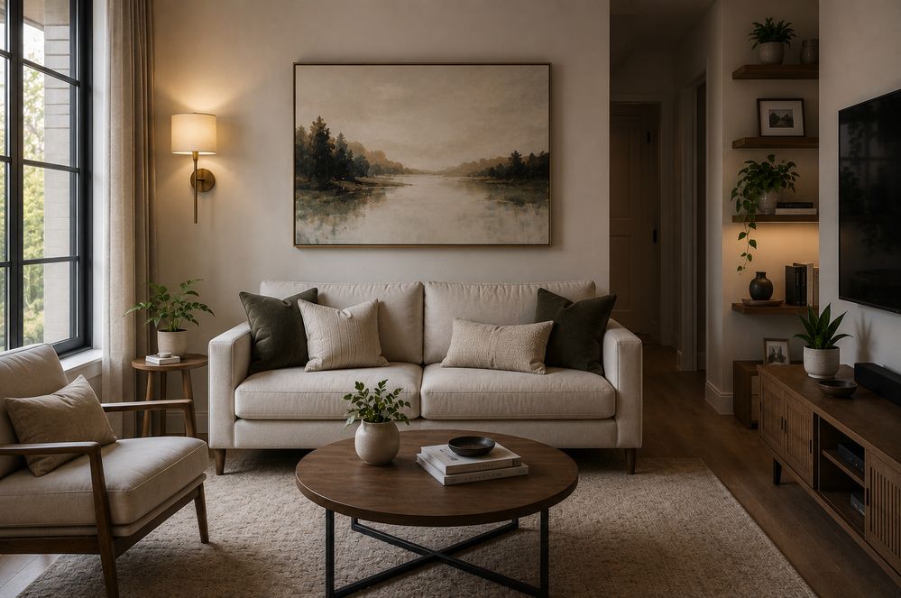 Photorealistic modern living room with warm neutral tones, a beige sofa, wooden furniture, subtle indoor plants, soft ambient lighting, and a large landscape artwork creating a cozy and inviting atmosphere.