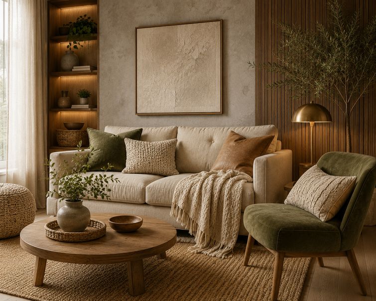 Cozy modern living room with layered textures including linen cushions, knit throws, woven rugs, wood furniture, velvet seating, and warm ambient lighting creating a rich and inviting atmosphere.