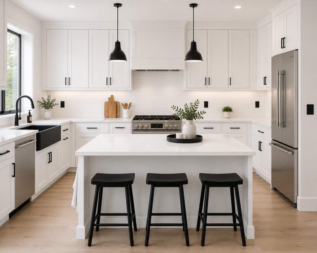 A highly realistic modern kitchen featuring white Shaker cabinets with matte black bar pulls, white quartz countertops, and a white subway tile backsplash. The space includes a matte black farmhouse sink, black faucet, black pendant lights, matching black outlet covers, stainless steel appliances, and a large white island with black stools, creating a clean and graphic contemporary design.
