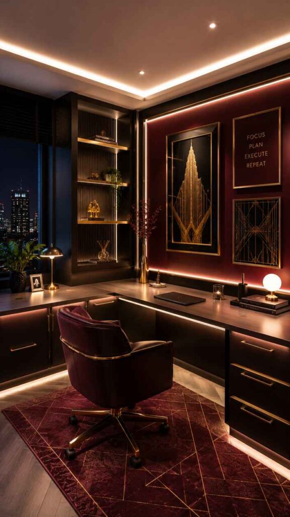 A luxurious modern home office with deep burgundy and black decor, warm LED accent lighting, and sleek dark cabinetry. The workspace features a plush burgundy swivel chair, minimalist desk setup, illuminated shelving, and gold-framed geometric artwork with motivational typography. Floor-to-ceiling windows reveal a nighttime city skyline, creating a sophisticated high-end atmosphere with rich jewel tones and contemporary elegance.