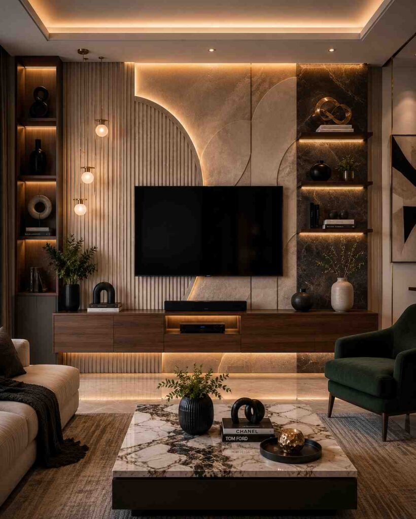 Artistic statement TV wall design with textured wall panels, sculptural shelving, ambient LED lighting, floating wooden media console, and luxury contemporary living room interior.