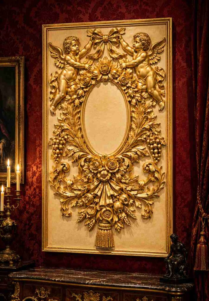 Ornate hand-carved and gilded wood relief panel featuring cherubs, floral garlands, acanthus scrolls, grapes, wheat, and ribbon motifs surrounding a grand oval cartouche. Mounted against rich burgundy damask wallpaper and illuminated by warm gallery lighting, the artwork showcases intricate Baroque craftsmanship and luminous gold detailing.