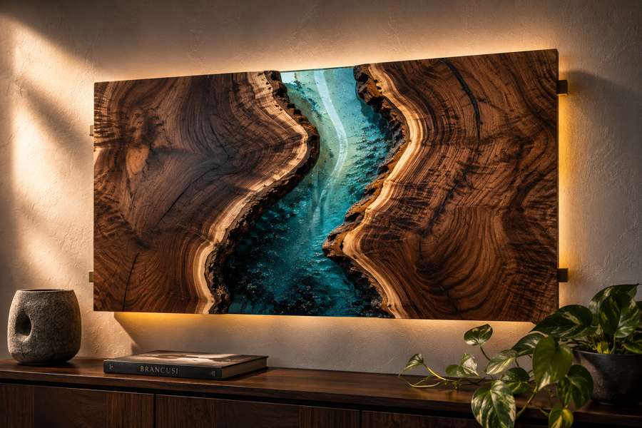 Large wall-mounted river art panel crafted from live-edge black walnut slabs and translucent blue epoxy resin, featuring a flowing river design with rich wood grain, mounted above a walnut credenza in a modern contemporary interior.