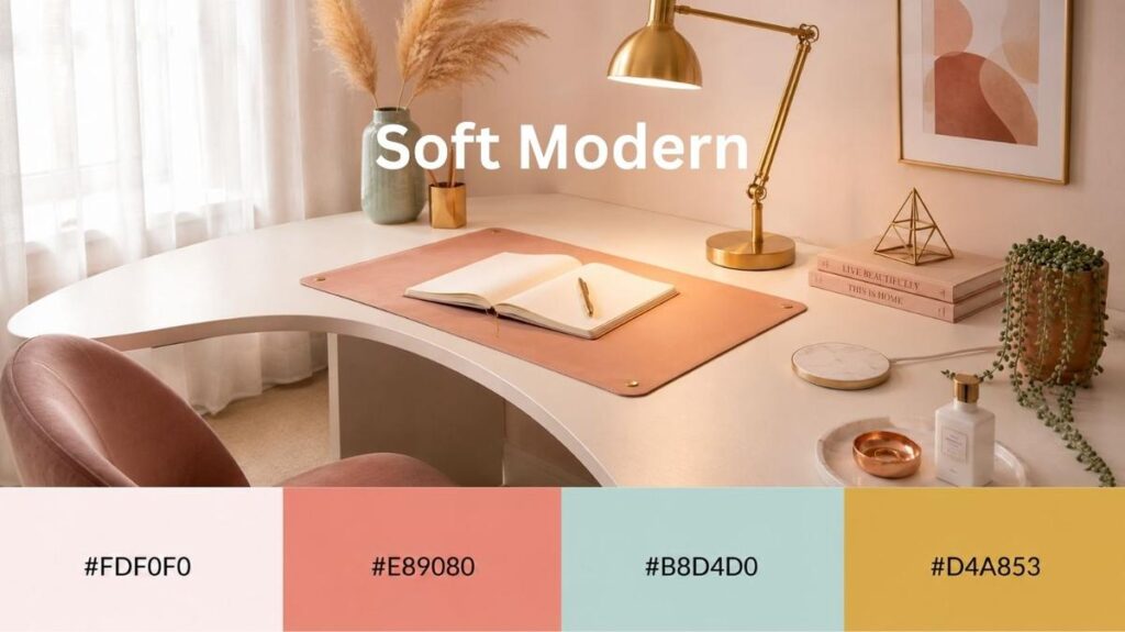 A soft modern workspace with a curved white desk, blush pink chair, gold desk lamp, and minimal decor in warm neutral tones. The desk features an open notebook, decorative vase with pampas grass, framed abstract art, and trailing plants, creating a calm and elegant atmosphere. Large text reading ‘Soft Modern’ appears over the image, with a color palette below showing #FDF0F0, #E89080, #B8D4D0, and #D4A853.