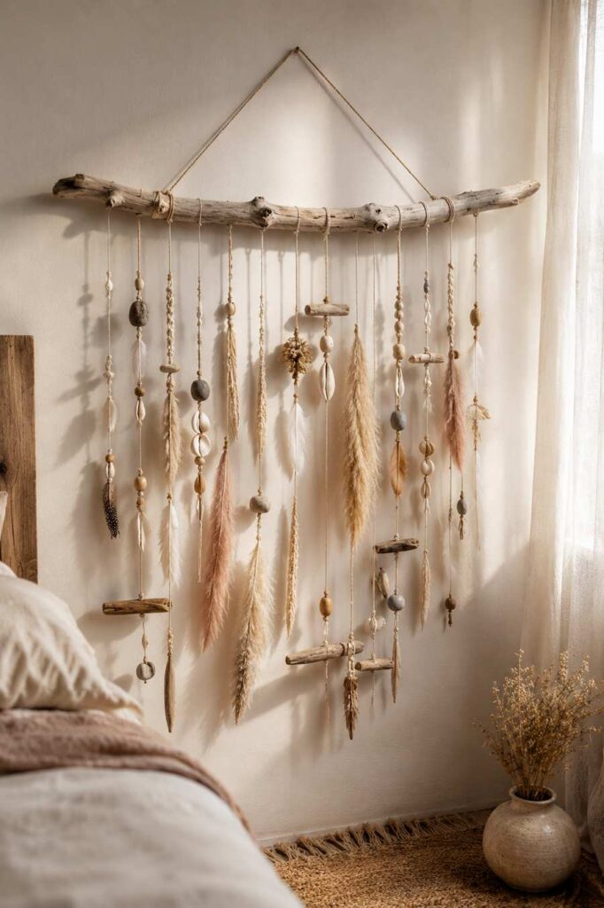 Handcrafted driftwood mobile wall hanging with macramé cords, shells, feathers, pampas grass, and natural wood accents, displayed on a warm white wall in a softly lit bohemian coastal bedroom.