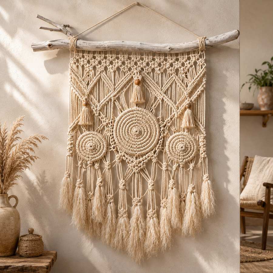 Large handcrafted macramé wall hanging made from natural cotton cord and suspended from a weathered driftwood branch, featuring intricate knot patterns, circular woven medallions, and soft fringe tassels, displayed in a bright bohemian-inspired interior with warm natural light.