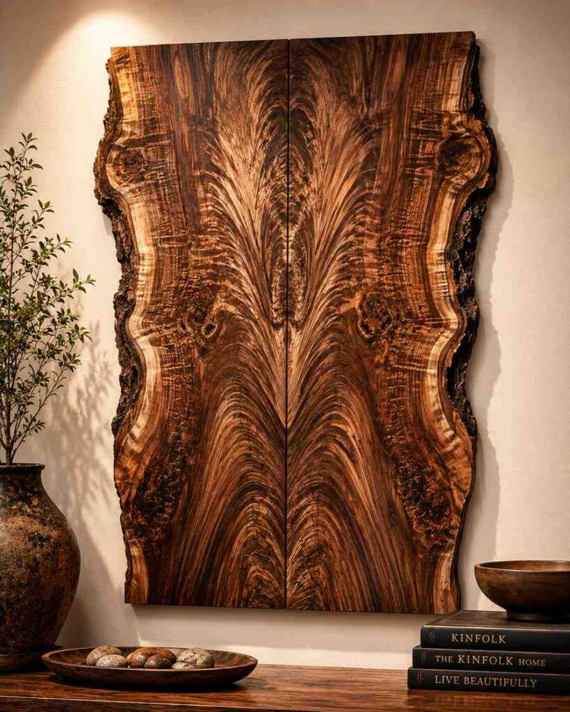 Large bookmatched claro walnut wall panel featuring mirrored live edges and dramatic feather crotch grain patterns, showcasing rich amber and chocolate tones with a glossy finish, mounted in a contemporary interior and illuminated by warm gallery lighting.