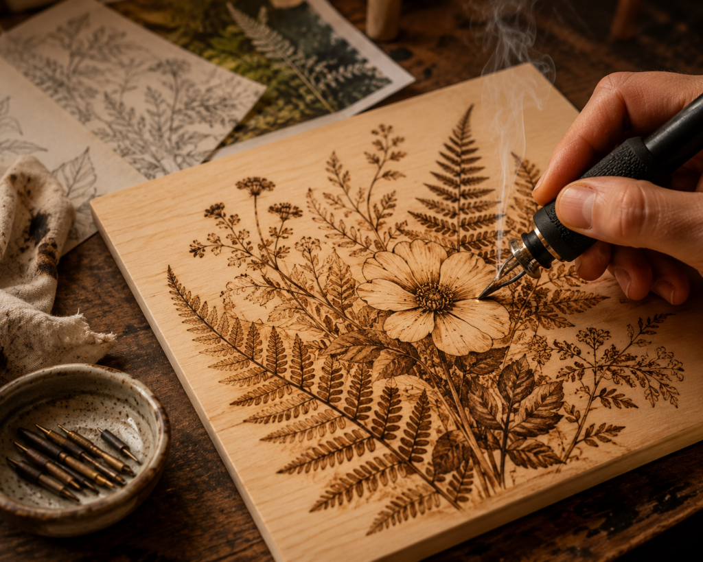 Close-up of an artist creating botanical pyrography art on a smooth wooden panel using a wood-burning pen, featuring detailed floral and fern illustrations, reference sketches, and pyrography tips arranged on a rustic workbench.