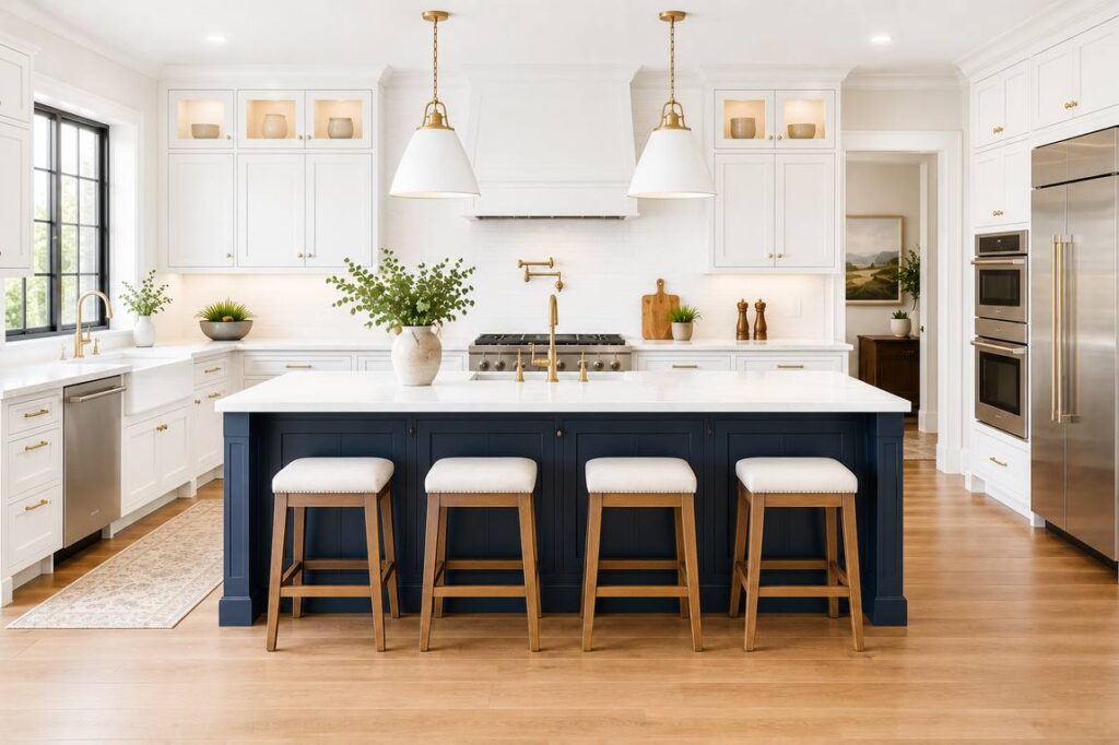 A bright modern farmhouse kitchen with white shaker cabinets, a navy blue island, brass fixtures, marble countertops, and warm wood flooring.