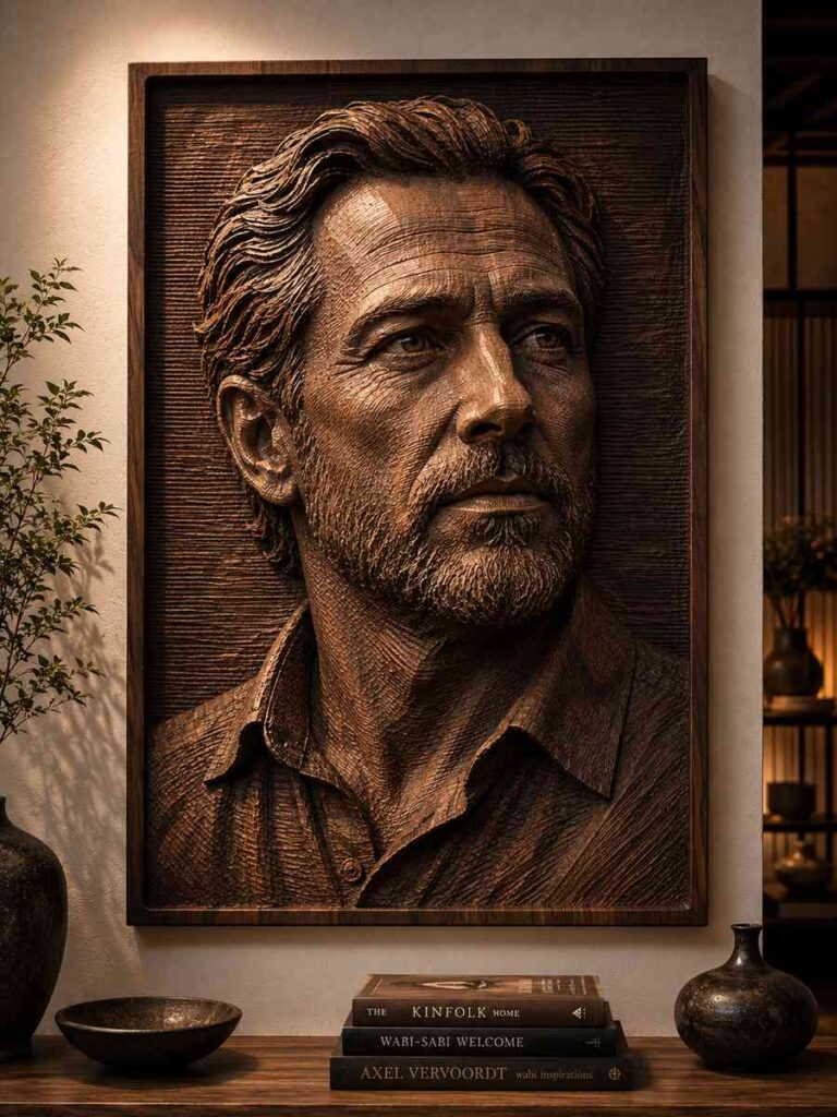 Large CNC-carved bas-relief portrait panel crafted from rich walnut wood, depicting a detailed bearded man's face with intricate toolpath textures and layered depth, illuminated by warm gallery lighting in a sophisticated contemporary interior.