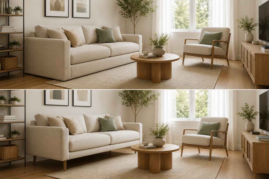 Modern small living room with raised-leg sofa and slim armchair creating an open airy layout with neutral decor, wooden furniture, and natural sunlight.
