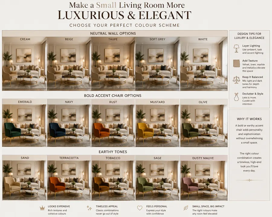 Color Combination Of Wall, Sofa, and Accent Chairs