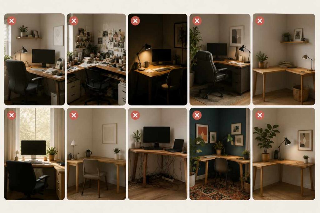 Comparison collage of corner desk setup ideas showing common home office decor mistakes. The image features multiple workspace examples marked with red X icons, including cluttered desks, poor lighting, oversized chairs, exposed cables, and empty or unbalanced layouts alongside a few better-styled setups for contrast.