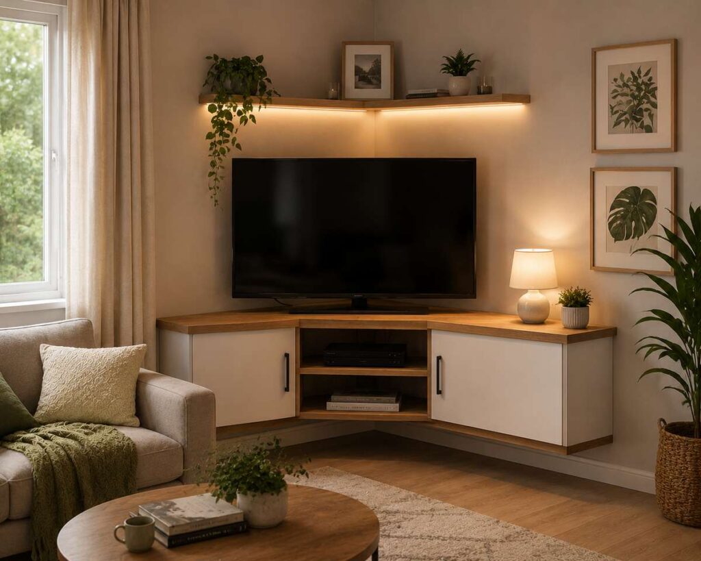 Compact corner TV unit design with floating wooden entertainment cabinet, warm LED lighting, space-saving storage, indoor plants, and modern small living room interior.