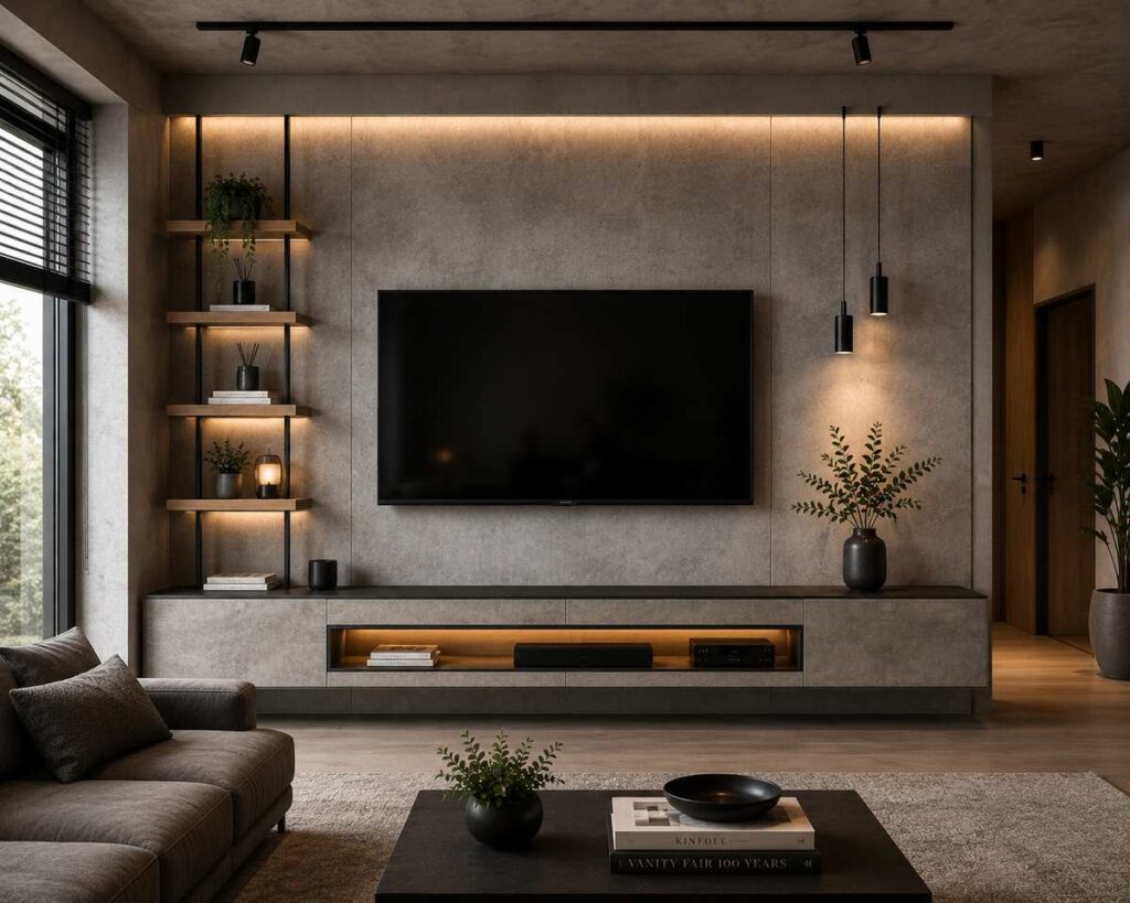 Concrete texture TV unit design with industrial-style entertainment wall, floating media console, warm ambient lighting, black metal accents, and modern minimalist living room interior.