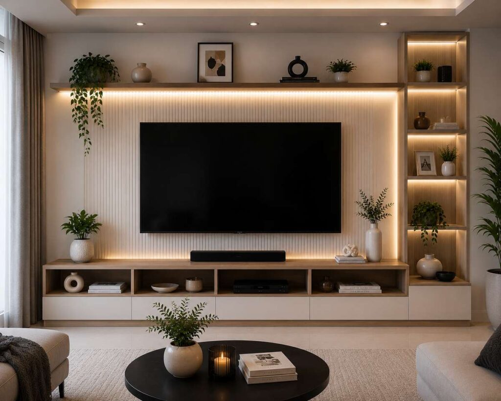 Contemporary open shelf TV unit design with floating entertainment console, wooden open shelving, warm LED lighting, decorative plants, and modern minimalist living room interior.
