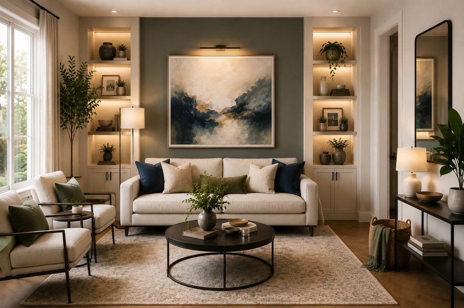 Elegant modern living room with a large abstract artwork as the focal point, built-in shelves with warm lighting, neutral furniture, indoor plants, and a balanced symmetrical layout that creates a calm and organized atmosphere.