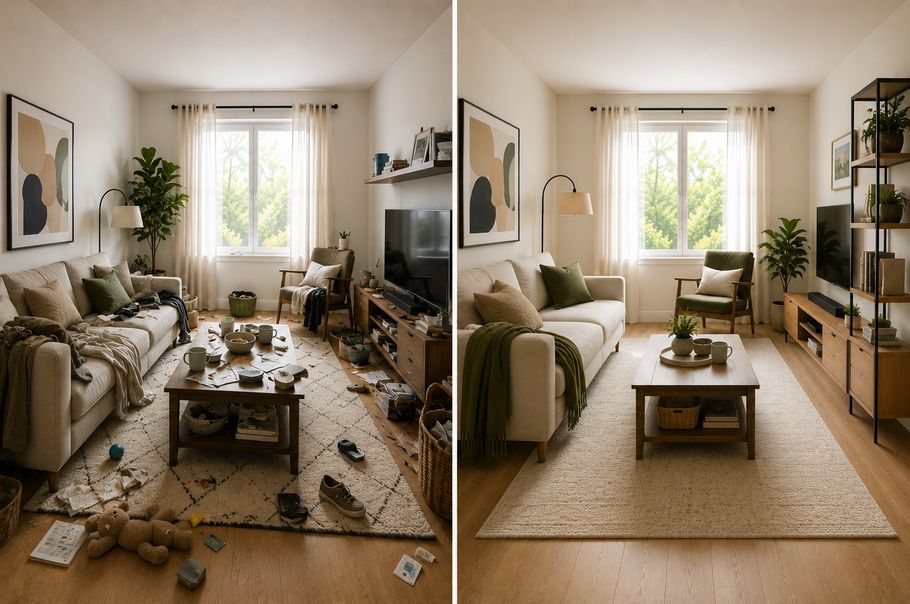 Side-by-side comparison of a living room with clutter and scattered items on the left, and a clean, organized minimalist version of the same room on the right, showing how decluttering creates a calmer and more spacious feel.