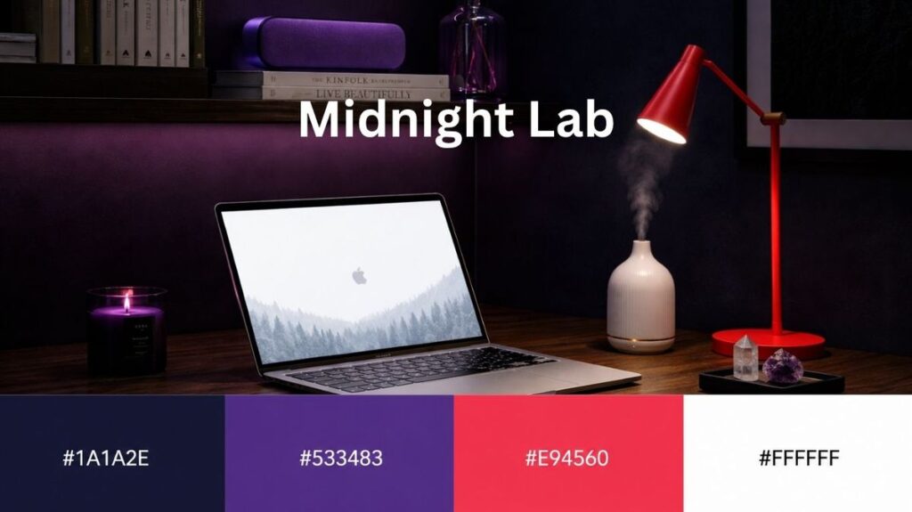 A moody modern workspace with a dark wood desk, open laptop, red desk lamp, lit candle, and white diffuser emitting steam. The room features deep navy and violet ambient lighting with black shelving and minimalist decor, creating a dramatic ‘Midnight Lab’ aesthetic. Large text reading ‘Midnight Lab’ appears over the image, with a color palette below showing #1A1A2E, #533483, #E94560, and #FFFFFF