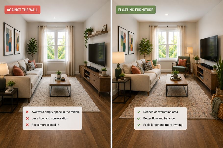 Side-by-side comparison of two living room layouts showing furniture pushed against the walls on the left and slightly floated away from the walls on the right, demonstrating how floating furniture creates a more open, balanced, and inviting space.