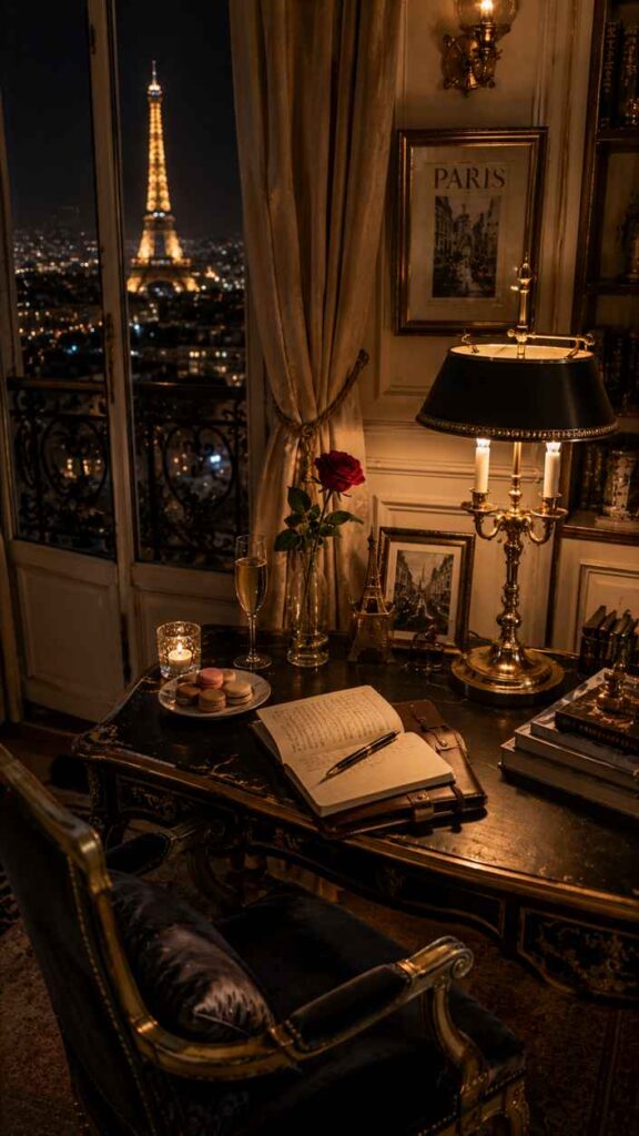 Elegant Paris-inspired luxury home office with a vintage black desk, ornate gold lamp, open journal, red rose in a vase, champagne glass, and macarons. Large window overlooks the illuminated Eiffel Tower at night, creating a warm and romantic atmosphere with classic French decor.