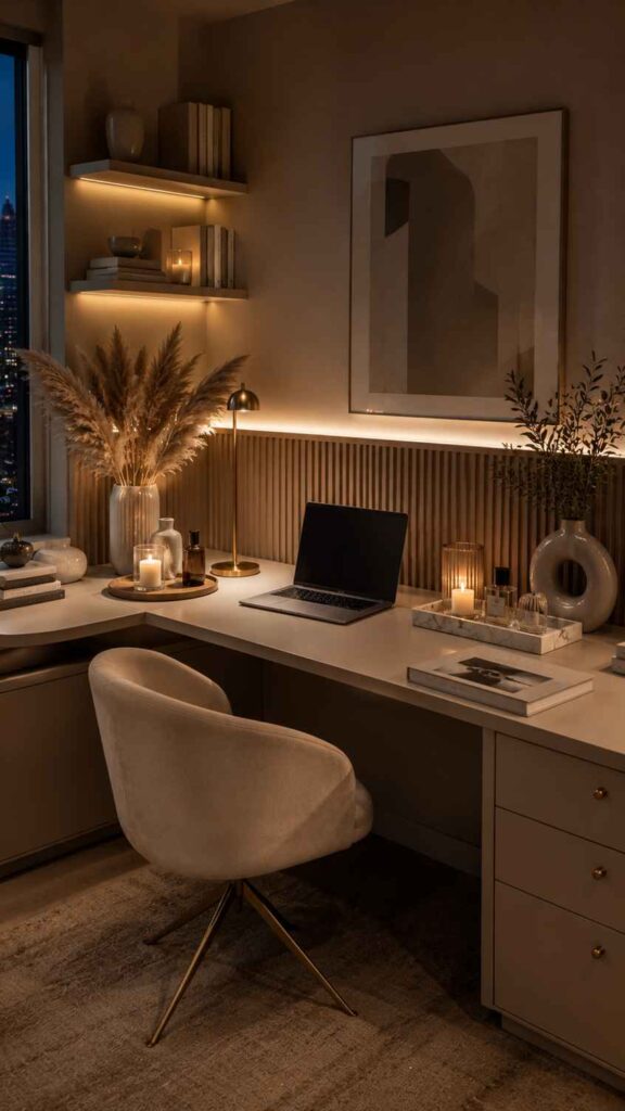 Elegant and cozy corner home office with warm ambient lighting, a minimalist white desk, soft upholstered chair, laptop workspace, decorative vases, candles, floating shelves, and modern neutral-toned décor creating a calm and sophisticated atmosphere.
