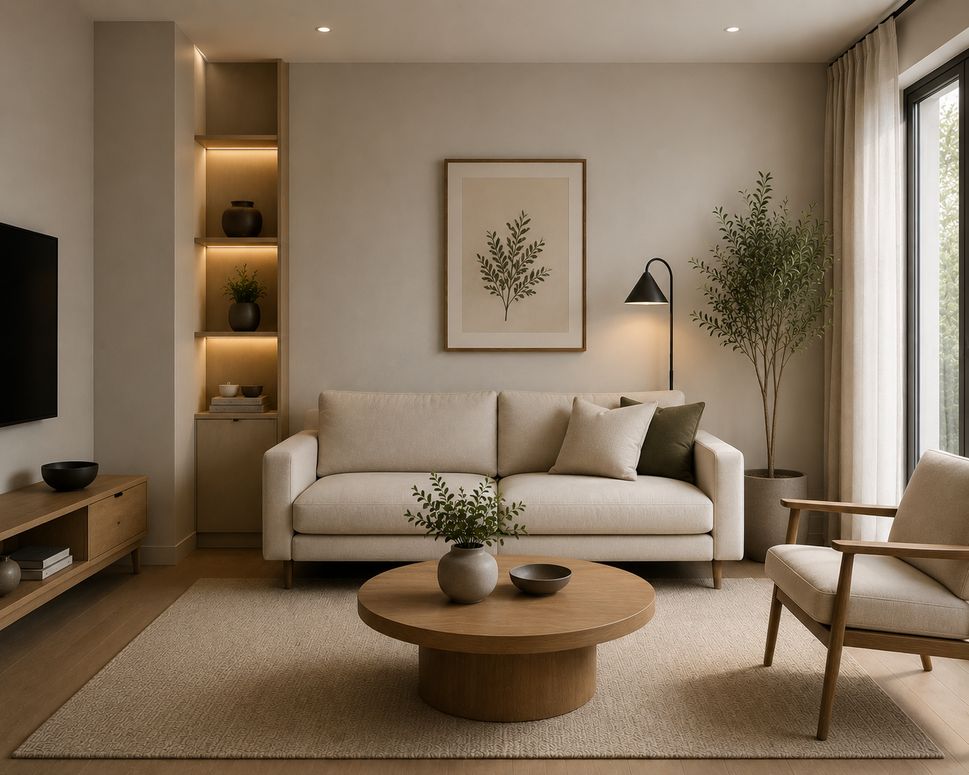 Minimalist modern living room with a neutral beige color palette, clean-lined furniture, soft natural lighting, simple botanical wall art, and uncluttered decor creating a calm and spacious atmosphere.
