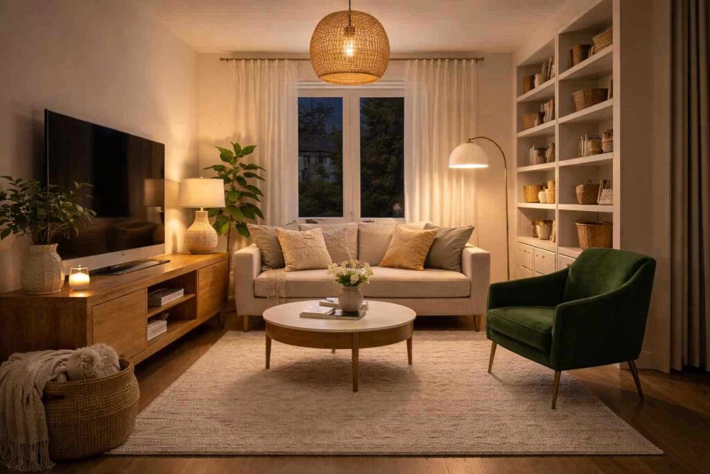 Emerald Velvet Accent Chair With Cream Walls