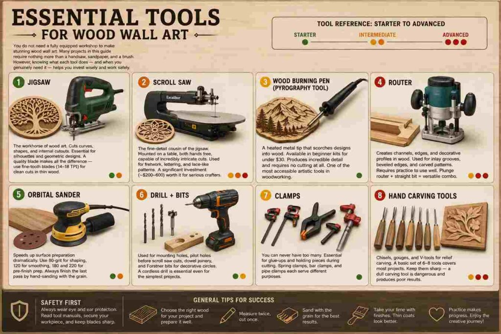 Infographic titled "Essential Tools for Wood Wall Art" showing eight woodworking tools including a jigsaw, scroll saw, wood-burning pen, router, orbital sander, drill with bits, clamps, and hand carving tools, with beginner-to-advanced skill indicators and woodworking safety tips.