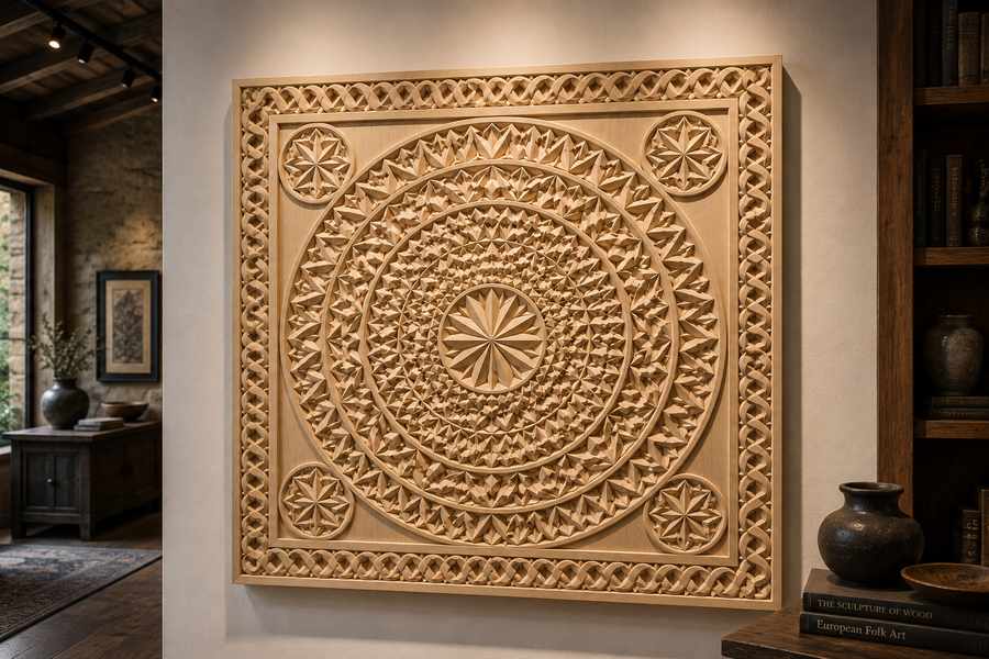 Museum-quality chip-carved wooden wall panel featuring an intricate radial medallion design with layered geometric starbursts, rosettes, and interwoven border patterns. Crafted from light natural wood and illuminated by warm gallery lighting, the carving showcases exceptional depth, precision, and shadow detail within an elegant collector-style interior.