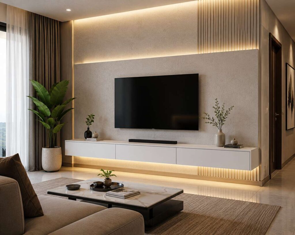 Modern floating minimalist TV unit design for living room with wall-mounted white cabinet, hidden LED lighting, textured beige wall panel, indoor plants, and contemporary luxury interior decor.
