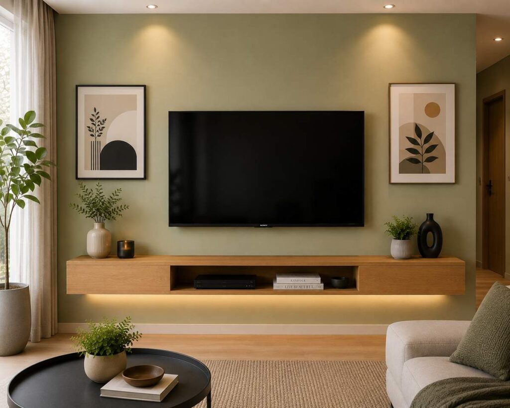 Minimalist wooden TV shelf design with floating oak media console, sage green wall, modern framed artwork, warm LED lighting, and contemporary living room interior.