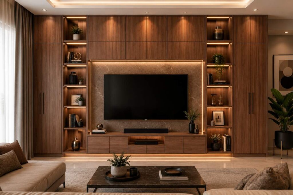 Modern floor-to-ceiling TV unit design with wooden entertainment wall, built-in storage cabinets, open display shelves, warm LED lighting, and luxury contemporary living room interior.