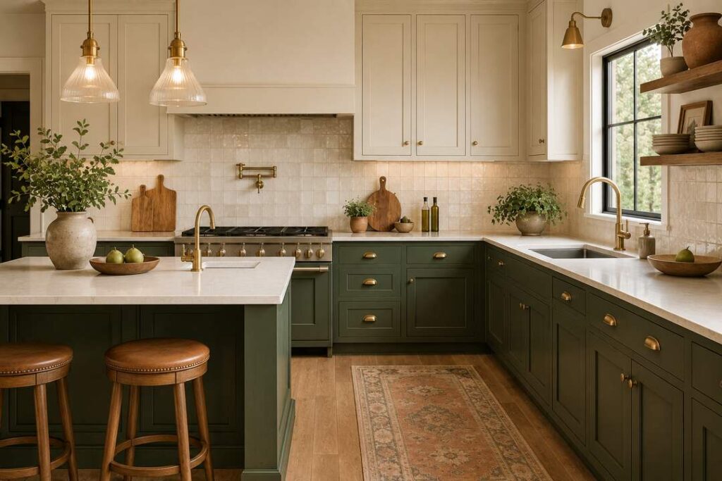 A warm modern kitchen with forest green lower cabinets, cream upper cabinets, brass hardware, zellige tile backsplash, and natural wood flooring.