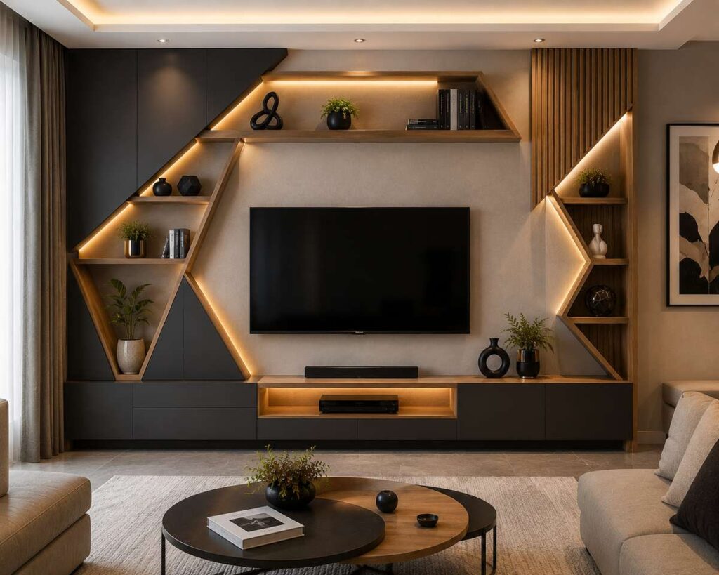 Modern geometric TV unit design with asymmetrical wooden shelving, warm LED lighting, floating entertainment cabinet, and luxury contemporary living room interior.