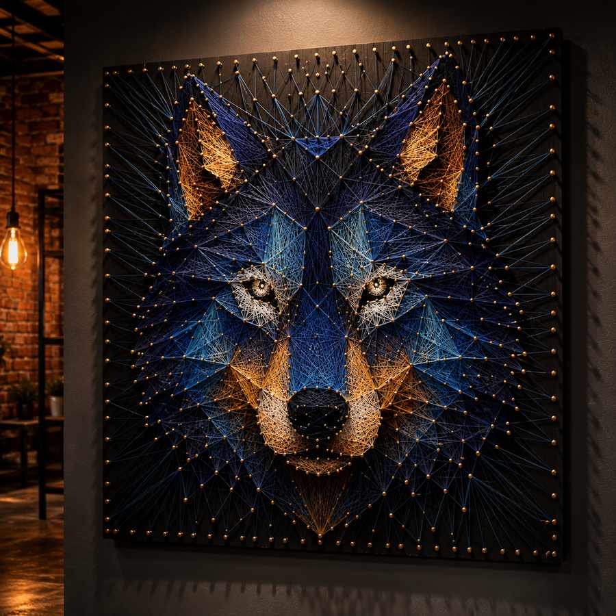 Large string art wolf portrait created with blue, gold, and white threads stretched between brass pins on a black wooden panel, displayed on a dark wall in an industrial-style loft with warm accent lighting.
