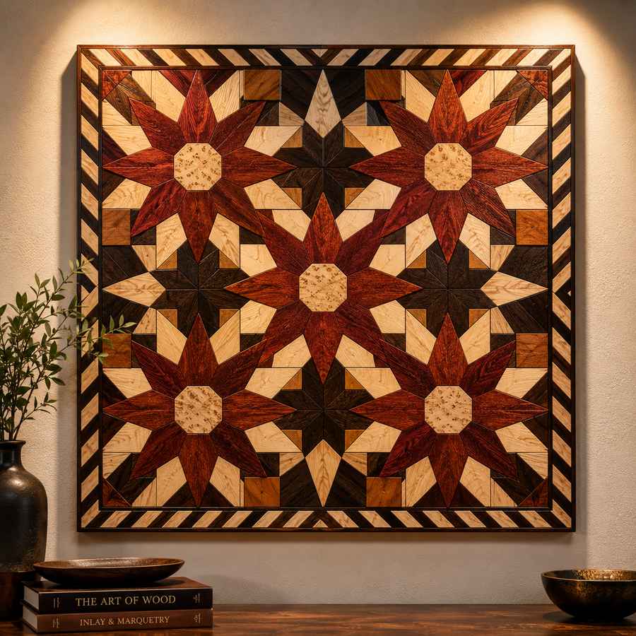 Intricate geometric wood mosaic wall art featuring interlocking eight-pointed stars and diamond patterns crafted from contrasting hardwoods, including maple, walnut, cherry, and padauk, displayed on a warm white wall with gallery-style lighting.