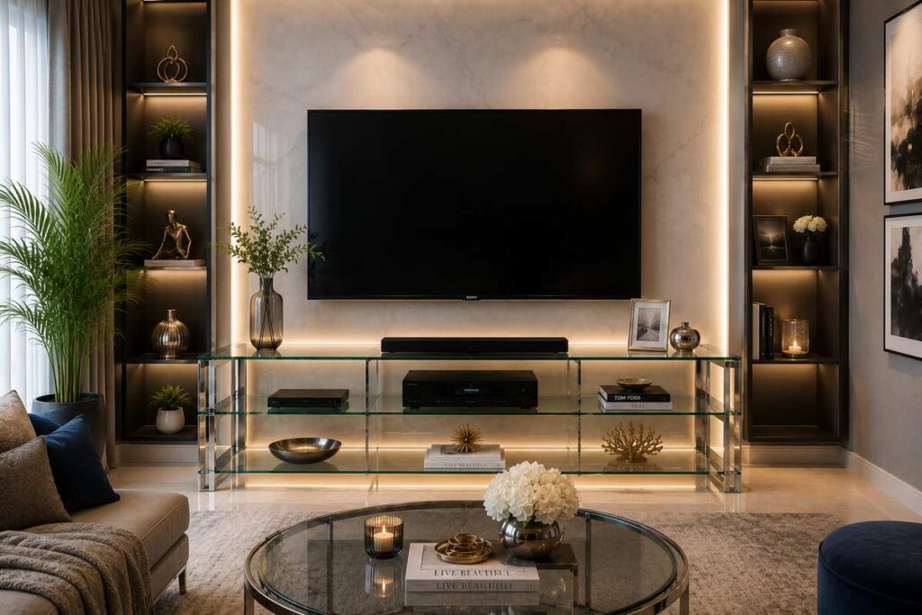 Modern black TV unit design with matte black floating cabinet, hidden LED lighting, metallic accents, wall-mounted entertainment panel, and luxury contemporary living room interior.