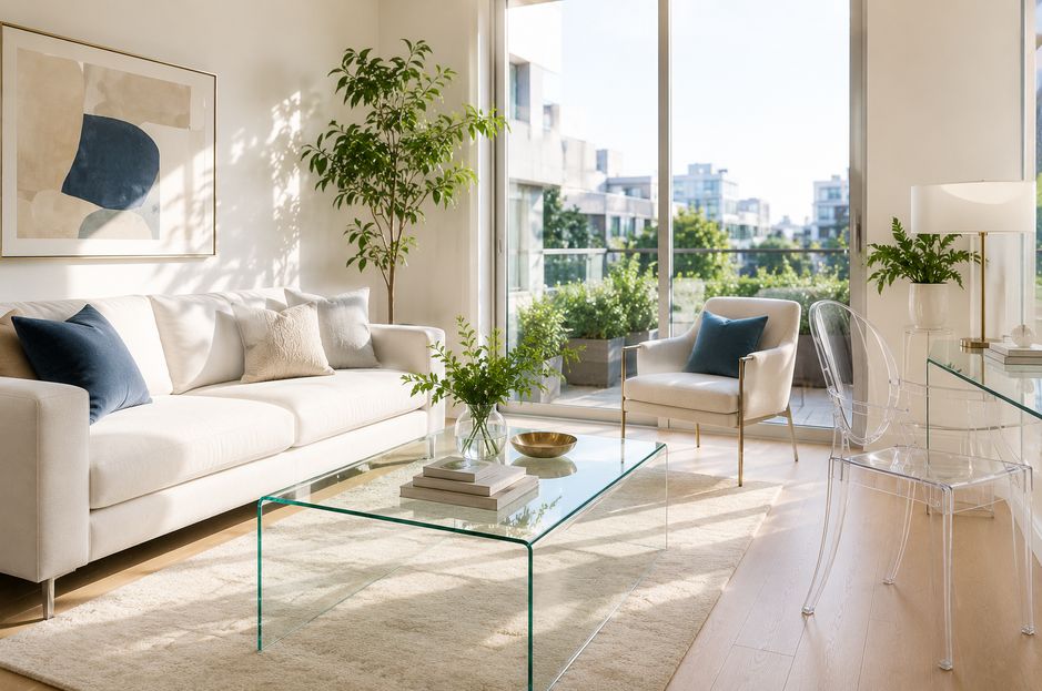 Bright modern living room with a white sofa, glass coffee table, acrylic dining chairs, indoor plants, and large floor-to-ceiling windows that create an open and airy feel.