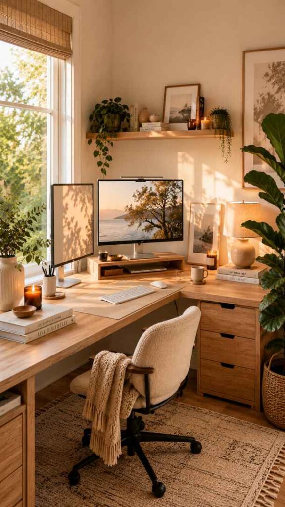 A warm, sunlit home office with an L-shaped wooden desk, dual monitors, and cozy neutral decor. The workspace features indoor plants, candles, framed artwork, soft lighting, and a cream upholstered office chair with a knitted throw blanket. Natural textures, woven accents, and golden-hour sunlight create a calm, inviting atmosphere with earthy beige and wood tones.