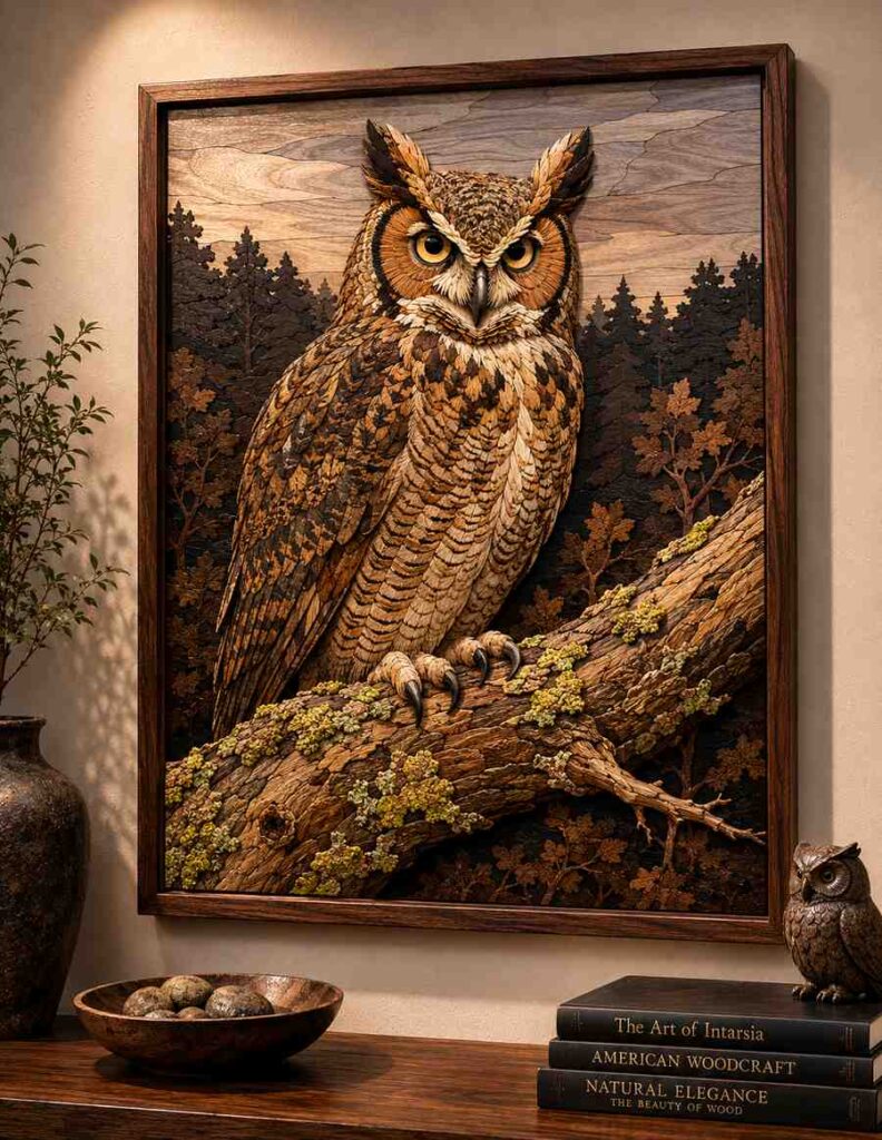 Museum-quality intarsia wood art panel depicting a great horned owl perched on a lichen-covered branch, crafted from multiple natural wood species with intricate feather detailing, set against a twilight forest background and displayed in a warm, gallery-style interior.