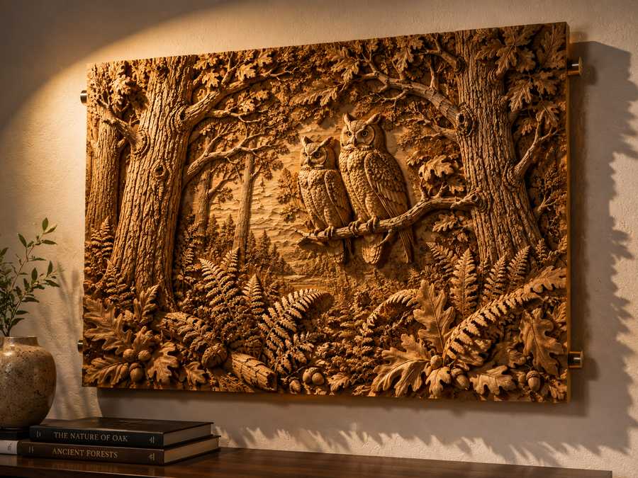 Intricately carved basswood bas-relief panel depicting a woodland scene with two owls perched among oak branches, ferns, leaves, and acorns, illuminated by warm gallery lighting that highlights the layered depth and fine handcrafted details.