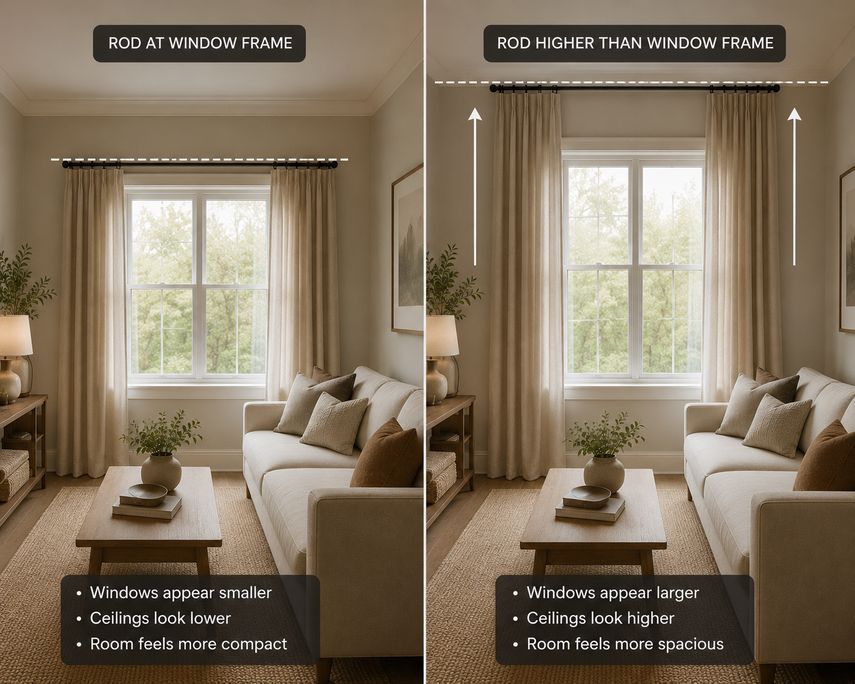 Side-by-side comparison of a living room with curtain rods mounted directly above the window on the left and closer to the ceiling on the right, showing how higher curtain placement makes windows appear larger and ceilings feel taller.