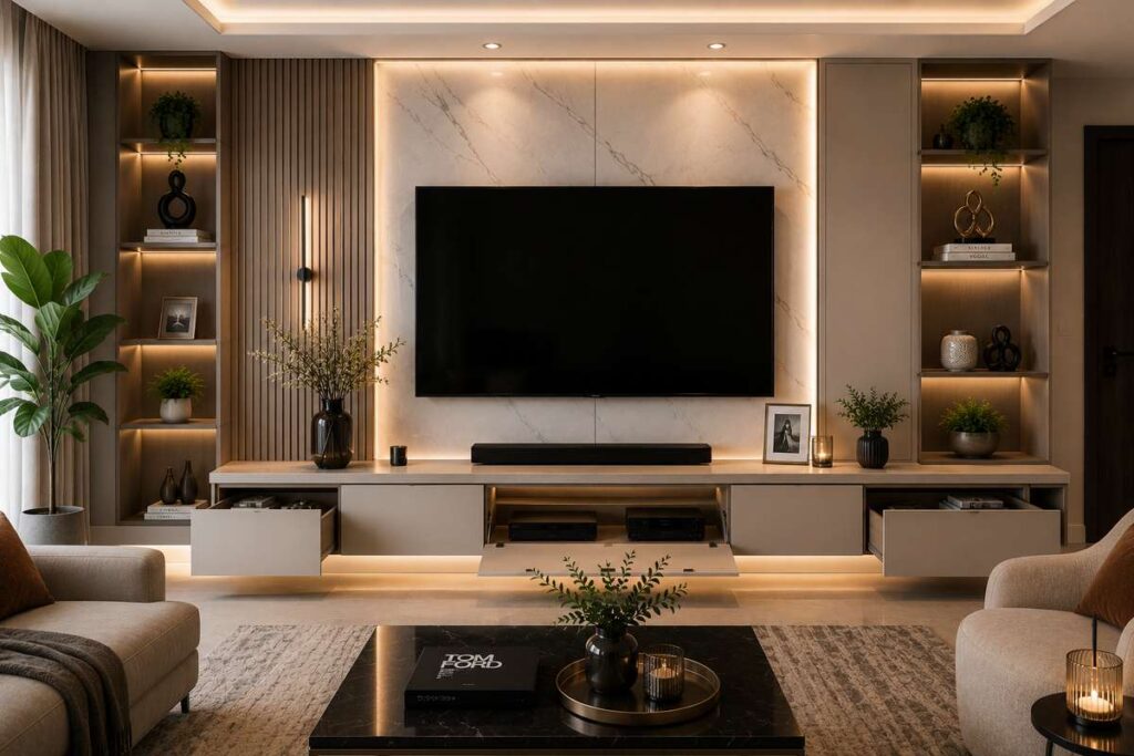 Modern black TV unit design with matte black floating cabinet, hidden LED lighting, metallic accents, wall-mounted entertainment panel, and luxury contemporary living room interior.